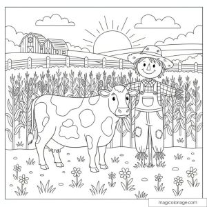 Vache et épouvantail dans un champ de blé au lever du soleil.