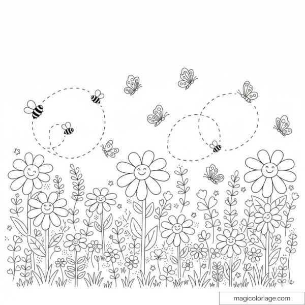 Drawing of smiling and happy flowers with bees and butterflies.