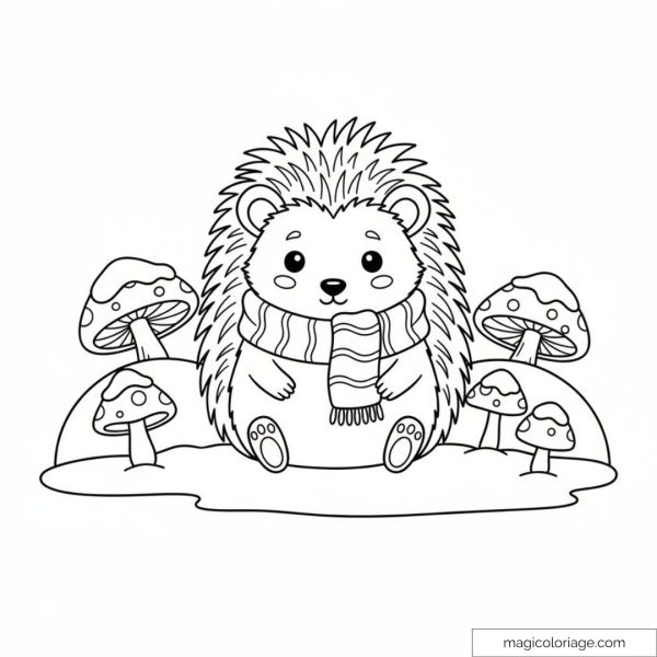 Cute hedgehog surrounded by mushrooms
