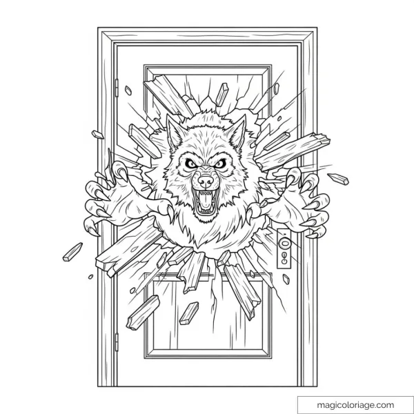 Mighty wolf crossing a shattered door