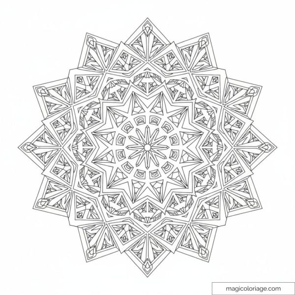 Detailed geometric mandala to color for relaxation and creativity.