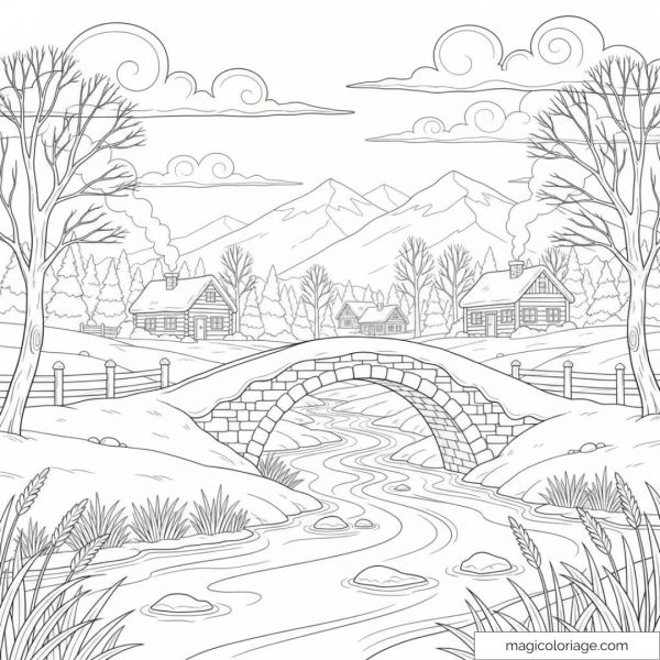 Drawing of a landscape with a bridge