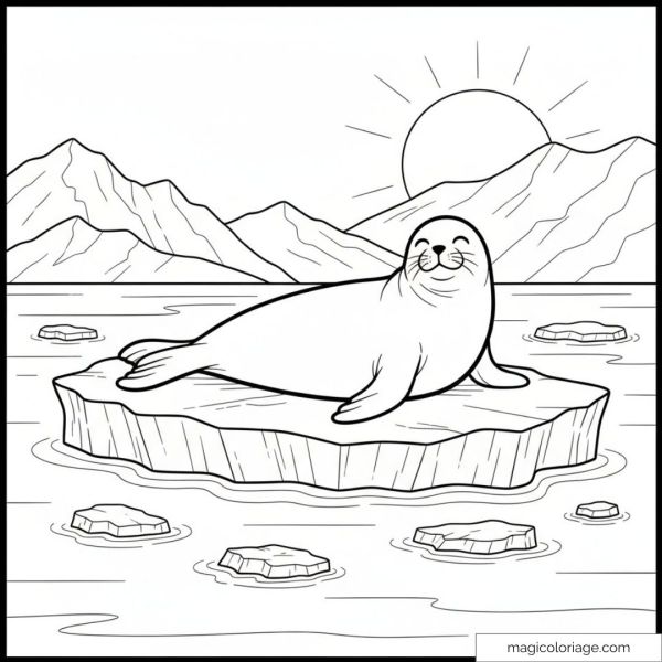 Drawing of a seal lying on an ice floe with mountains in the background