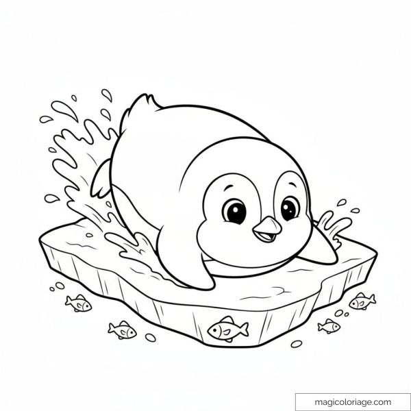 Drawing of a penguin on an ice floe with fish