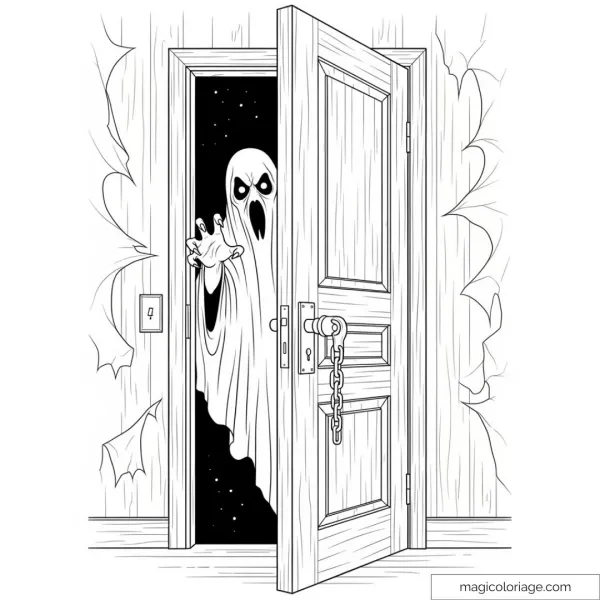 Ghost emerging from an open door with creepy details.