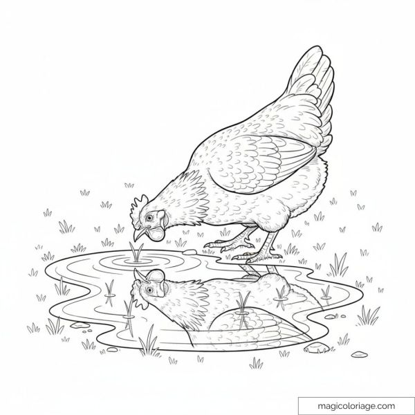 Dessin de poule se regardant dans une flaque d'eau à colorier.