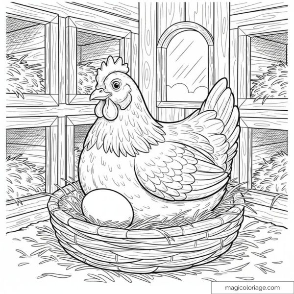 Poule dans un nid avec œuf