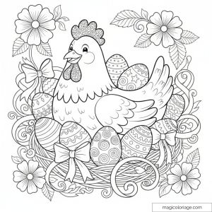 Poule Pâques entourée d'œufs et fleurs à colorier