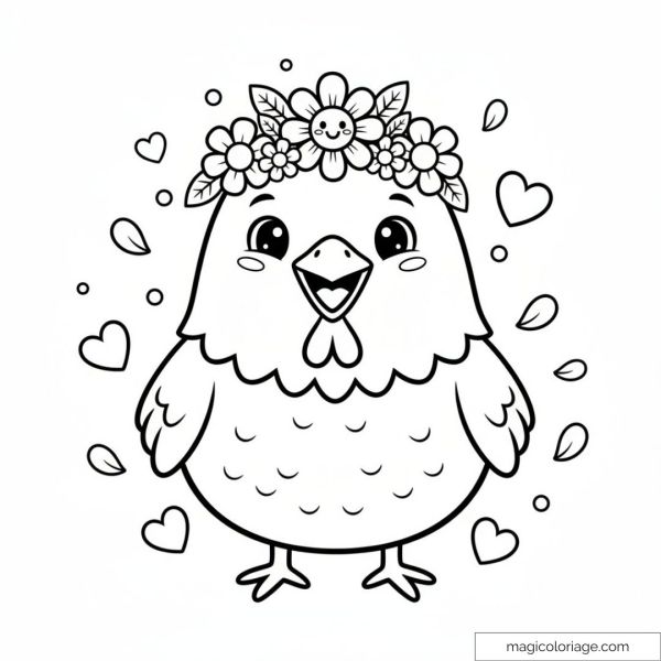 Poule avec couronne de fleurs et décorations autour