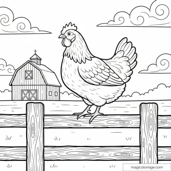 Poule sur une clôture devant une grange.