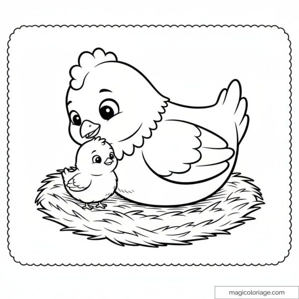 Dessin poule et poussin à colorier dans leur nid douillet