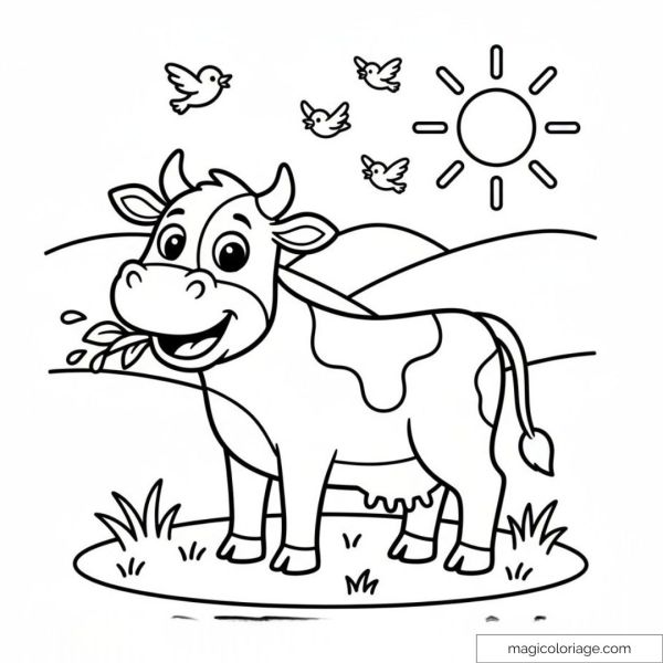 Dessin de vache souriante avec oiseaux