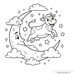 Vache joyeuse sautant au-dessus de la lune entourée d'étoiles et de nuages.