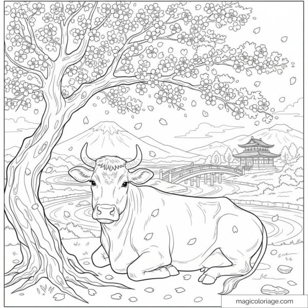 Vache sous cerisier en fleurs au Japon