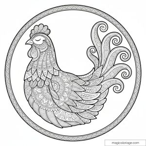 Dessin de poule mandala avec motifs détaillés à colorier.