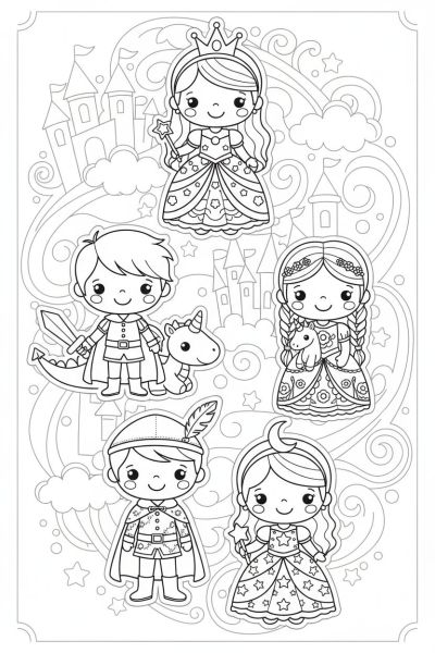 Une page contenant 5 stickers kawaii de personnages de princes et princesses souriants, dans une ambiance féérique et douce, vus en portrait de face.