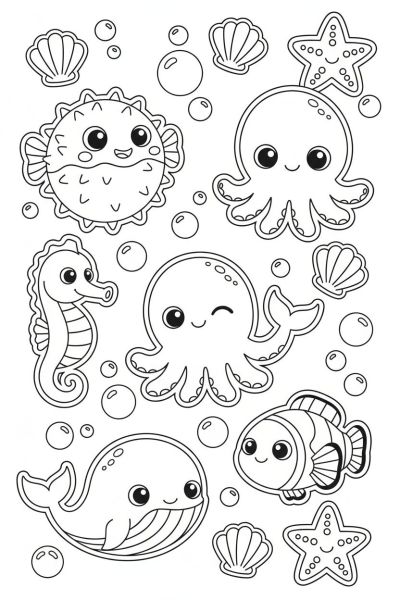 Une page contenant 7 stickers kawaii de créatures marines mignonnes comme des poissons et étoiles de mer, dans une ambiance tranquille sous-marine, vues de face, entourées de bulles et coquillages.