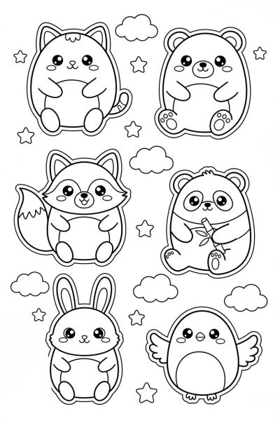 Une page contenant 6 stickers kawaii de petits animaux joyeux, chacun avec un visage souriant et de grands yeux ronds, dans une ambiance douce et amicale, vus en portrait de face, entourés de petits motifs de nuages et étoiles.