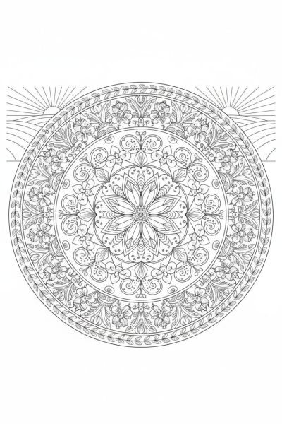 Une scène large représentant une prairie symbolique, avec des motifs de fleurs, d'herbes et d'insectes en parfaite symétrie radiale, dans une atmosphère douce et harmonieuse, vue panoramique, avec une géométrie ornementale constante.
