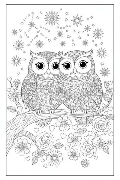 Un couple de chouettes perchées sur une branche ornée de fleurs et cœurs, dans une ambiance douce et protectrice, cadré en plan moyen, sous un ciel étoilé.