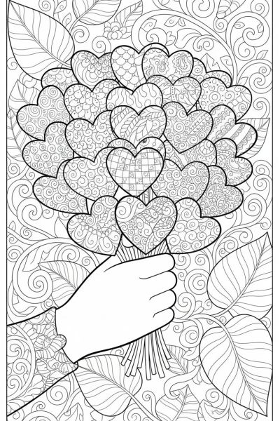 Une main tendre offrant un bouquet de cœurs stylisés avec motifs répétitifs, dans une ambiance généreuse et amicale, en gros plan, avec un fond de feuilles décoratives.