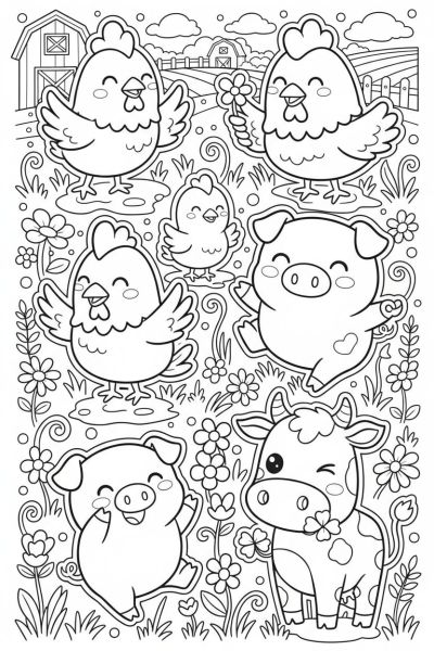 Une page contenant 6 stickers kawaii de personnages de la ferme, comme des poules, cochons et vaches, avec des expressions joyeuses, dans une ambiance champêtre, vues en gros plan, entourées d’herbes et fleurs.