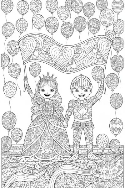 Deux enfants habillés en costumes festifs, tenant une grande bannière zentangle avec des cœurs, dans une ambiance joyeuse et amicale, en plan large, avec des ballons flottants décorés.