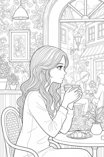 Fille dans un café, sirotant une boisson fumante, regard pensif vers la fenêtre, ambiance intime et chaleureuse, cadrage serré sur son profil précis et ses cheveux stylisés avec des pointes fines.