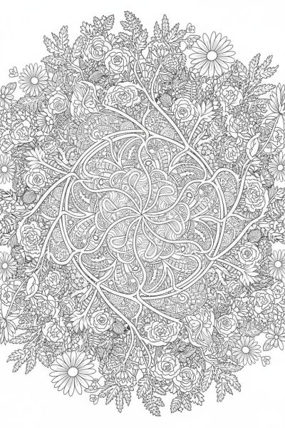 Des spirales de lianes et de fleurs sauvages formant un mandala dense, dans une ambiance sauvage et luxuriante, en vue plongeante, avec des répétitions sectorielles et une symétrie radiale parfaite.