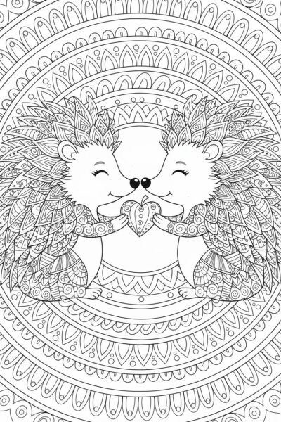 Un couple de hérissons partageant un petit fruit en forme de cœur, leurs corps remplis de motifs répétitifs, dans une ambiance tendre et complice, cadré en plan rapproché.