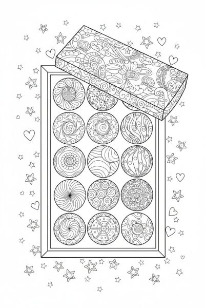 Une boîte de chocolats ouverte, chaque chocolat décoré d’un motif fin et répétitif, dans une ambiance gourmande et chaleureuse, vue en plongée, entourée de petites étoiles et cœurs zentangle.