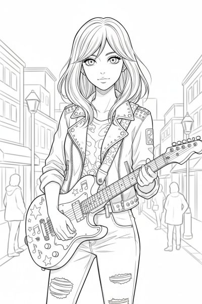 Jeune fille tenant une guitare posée contre elle, regard confiant, ambiance artistique et intimiste, vue en plan moyen avec un décor urbain flou en arrière-plan, ses cheveux aux pointes légères flottant doucement.