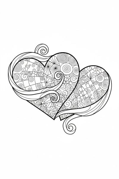 Un couple de cœurs enlacés, remplis de motifs zentangle divers, dans une ambiance complice et harmonieuse, en gros plan, avec des arabesques s’enroulant autour.