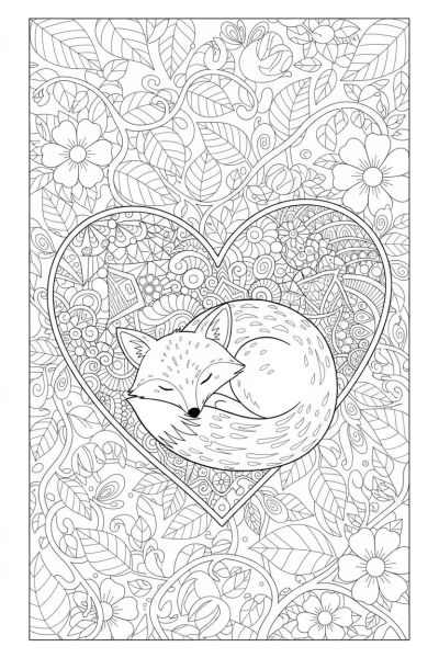 Un petit renard endormi, enroulé autour d’un grand cœur zentangle, dans une ambiance paisible et rassurante, en gros plan, avec des feuilles et fleurs en arrière-plan.