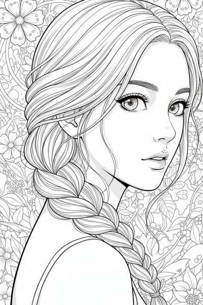 Portrait d’une jeune femme coiffée d’une tresse délicate, qui regarde par-dessus son épaule, ambiance mystérieuse et douce, cadrage serré mettant en valeur ses yeux en amande et les mèches effilées de sa coiffure.