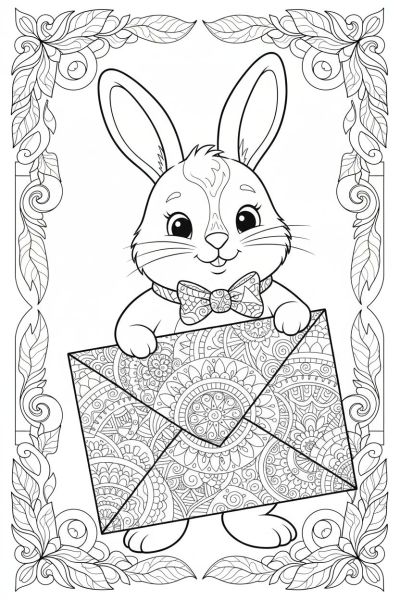 Un petit lapin tenant une grande lettre d’amour, remplie de motifs minutieux, dans une ambiance chaleureuse et confiante, cadré en gros plan, avec des feuilles décoratives autour.