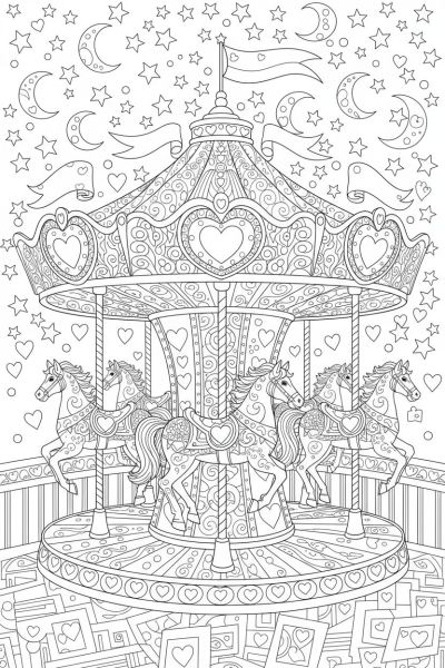 Un carrousel orné de motifs complexes et cœurs, avec des chevaux en mouvement, dans une ambiance festive et joyeuse, cadré en plan large, sous un ciel étoilé.