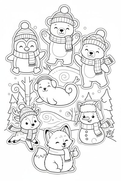 Une page contenant 6 stickers kawaii de petits animaux d’hiver avec des bonnets et écharpes, dans une ambiance chaleureuse et cocooning, en gros plan.
