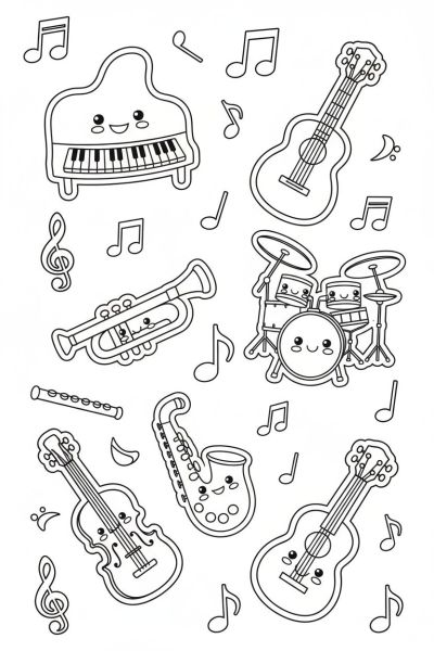 Une page contenant 8 stickers kawaii d'instruments de musique souriants, dans une ambiance joyeuse de fête, vues en flat icon-like rendering, avec des notes de musique flottant autour.