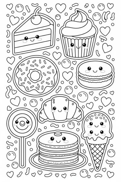 Une page contenant 8 stickers kawaii de gâteaux et pâtisseries souriants, présentés en flat icon-like rendering, dans une ambiance festive, avec des petits coeurs et bulles autour.