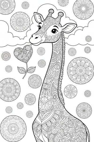 Une girafe au long cou orné de motifs dentelés, offrant une fleur en forme de cœur, dans une ambiance tendre et amusante, en plan moyen, avec un ciel rempli de bulles zentangle.