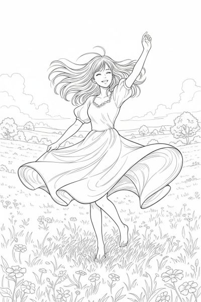 Fille avec une robe légère, tournant sur elle-même dans un champ ouvert, expression euphorique, ambiance aérienne et libre, plan large avec des contours précis illustrant le mouvement fluide de ses cheveux et vêtements.