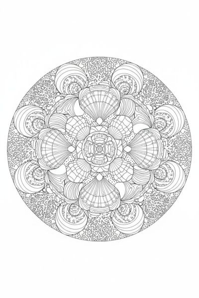 Une composition de coquillages et coraux entrelacés dans une ambiance marine calme, en gros plan, avec une symétrie radiale parfaite et des textures détaillées rappelant l'ornement naturel.