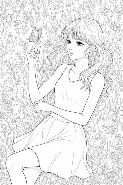 Fille allongée sur l’herbe, observant un papillon posé sur sa main, ambiance poétique du soir, vue en plongée, avec des herbes fines et des fleurs sauvages entourant délicatement sa silhouette élancée.