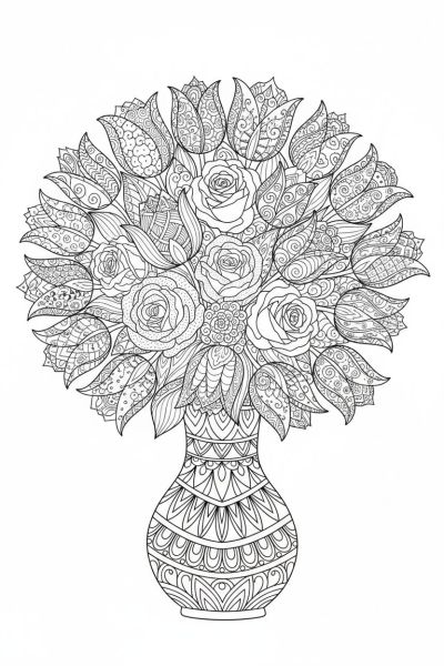 Un bouquet de tulipes et roses, chaque pétale orné de motifs fins et répétitifs, dans une ambiance fraîche et vivante, vu en plongée, avec un vase décoré placé en avant.