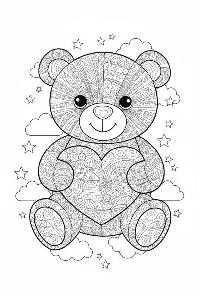 Un ours en peluche tenant un cœur décoré de patterns, dans une ambiance douce et réconfortante, cadré en plan moyen, entouré de petites étoiles et nuages.