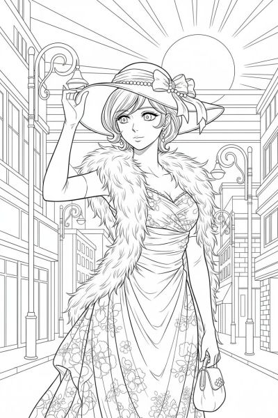 Fille en tenue élégante ajustant un chapeau, posture gracieuse, ambiance citadine chic en fin de journée, plan américain, avec des lignes nettes et précises soulignant le contour de son visage et ses yeux en amande.