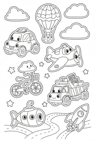Une page contenant 7 stickers kawaii de véhicules rigolos avec des yeux amicaux, comme une voiture, un vélo ou un avion, dans une ambiance aventureuse, vus de trois-quarts, entourés de petites routes et nuages.