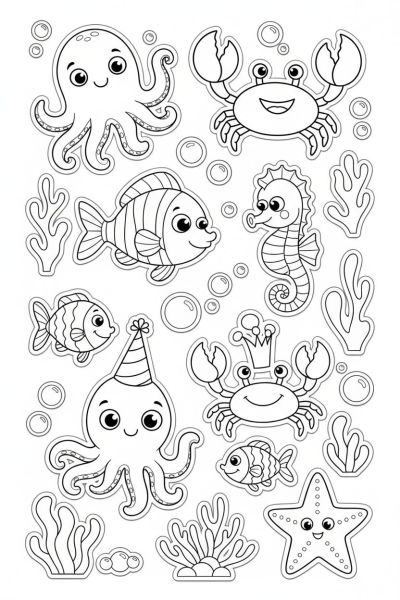 Une page contenant 8 stickers kawaii d’animaux marins rigolos comme pieuvres et crabes, souriants et joyeux, dans une ambiance aquatique, en flat icon-like rendering, entourés de corail et bulles.