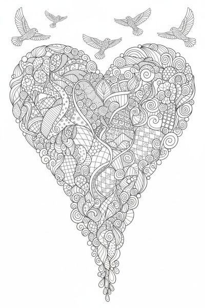 Un grand cœur zentangle débordant de motifs répétitifs, dans une ambiance douce et tendre, vu en gros plan, avec des petits oiseaux en vol en arrière-plan.